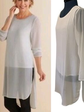 Soft Surroundings Ivory Relaxed Elegance Layered Hi-Low Sheer Tunic Top